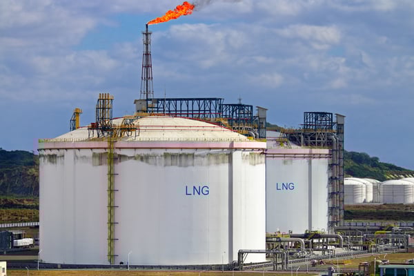 Large LNG tanks at LNG regasification terminal